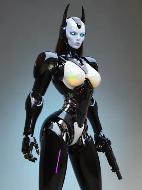 ral-opal, meahophontron, full body, woman robot face, theme war, looking at camera, cuerpo armadura guerra, color armadura negra, demonio negro, con pistolas