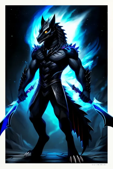 full body shot of male humanoid dark wolf that is mostly covered with dark fur, obsidian scales and plates, red energy sometimes glowing from between the cracks. However, his head, spine and clavicles appear to be made from exposed bone, resulting in these...