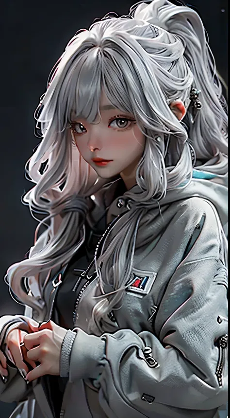 Silver haired girl in a hoodie with long curly hair