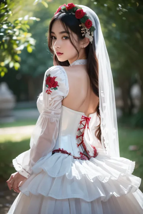 ((extremely detailed CG unity 8k wallpaper)), masterpiece, ultra-detailed, floating, high resolution, sexually suggestive, (petite, absurdly long white hair, princess, white mage, blue eyes, (ornate long white and red see through layered long dress with lo...