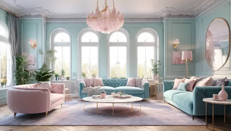 interior, living room in a luxury Victorian architectural style, clean modern design featuring pastel color scheme, beautiful light. Ultra realistic photo, vibrant colors, 8k