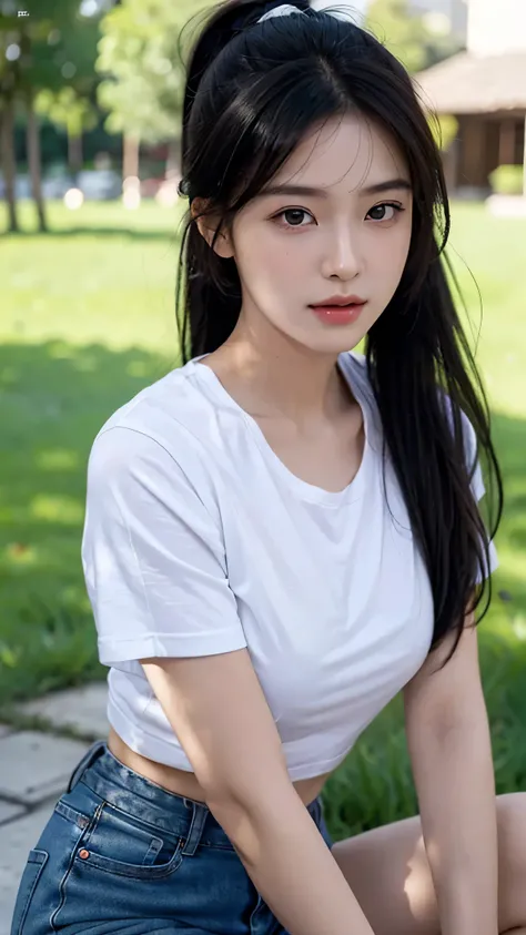 Wearing black underwear、Wear a white T-shirt over it,Black underwear is showing through,Black underwear shows through the T-shirts with wide neck openings,Bra straps are showing,jeans,outdoors,Urban Park,On the lawn,One woman,close up face,fully body photo...