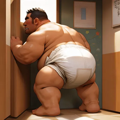 masterpiece, Top quality, in 32K, perfect anatomy, hyper detailed, super fine illustration, The thick man is a brutal prisoner, retarded, hairy, human, 50yo in japan, (fatness: 1.0), Fatty muscle, Bowleg, disappointment, incontinent, be diaper check by chi...