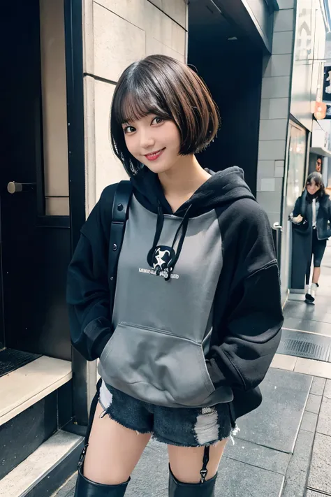 One girl、black hair、short hair、Logo hoodie（gray）、hot pants（black）、boots with buckles（black）、Outdoor、Showa Retro Shopping Street、Are standing、Put your hands in your pockets、smile