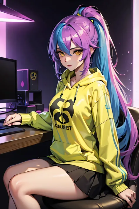 The most beautiful and sexy gamer girl, sitting, playing videogame, rainbow colored hair, yellow eyes, wearing hoodie, graphic t-shirt, skirt and highly detailed gamer gear, highly detailed background, perfect masterpiece, high quality, high resolution