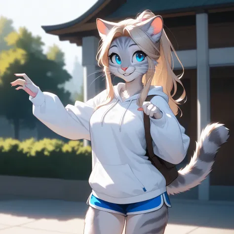 score_9,score_8_up,score_7_up, source_cartoon, source_furry, Kat, a cute Anthro furry feline girl, tall body, hourglass figure, adult female, blue eyes, :3, silver fur, long blonde hair, hair in a ponytail, white whiskers, pink nose, wearing white hoodie, ...