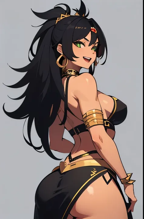 amazoness girl, tanned, back view, looking back, short spiky black hair, open mouth, wearing golden jewelry, long bang covering one eye, naughty green eyes, smiling, medium breasts, wearing a warrior top and skirt, choker, earrings, (best quality:1.2), (ab...