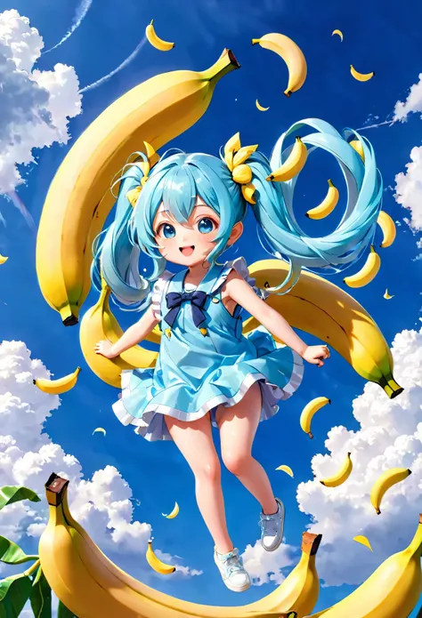 Flying in the sky on a big big banana　Light blue long hair　Cute little character with twin tails　There are lots of bananas floating in the sky