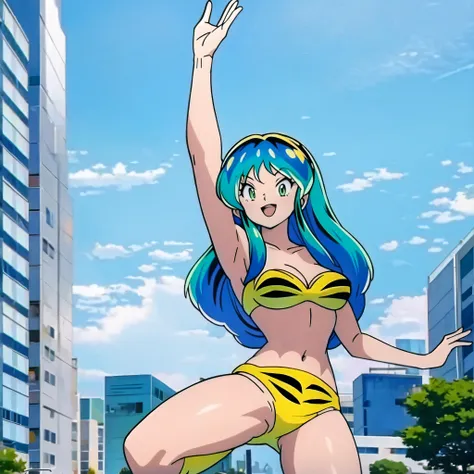 (masterpiece, best quality:1.2), 1girl, solo, urusei yatsura dancing on buildings