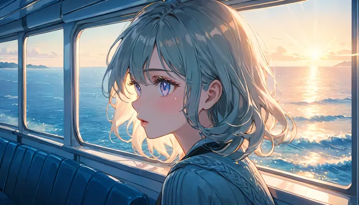 a girl gazing out the window of a ferry, looking at the sea, anime style, highly detailed, beautiful detailed eyes, beautiful detailed lips, extremely detailed face and features, long eyelashes, beautiful scenery outside the ferry window, calm ocean waves,...