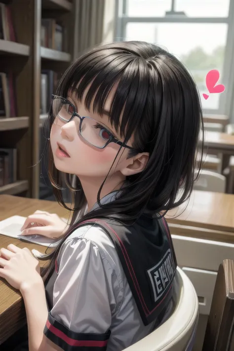 (Tabletop:1.0), (highest quality:1.4), (High resolution:1.2), From the side,Sharp contours,  boyish, highest quality, masterpiece,Glasses,Voice of the Heart,20-year-old woman,yandere,Big Breasts,Chest to chest,Lying face down,Upper Body,Ecstasy,saliva,blus...