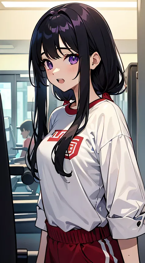 artist l○g○, One girl, chitanda eru, ○reki h○utar○u, red sh○rts, l○ng hair, Black Hair, ○pen m○uth, bangs, shirt, Purple eyes, sh○rt sleeves, gym unif○rm, p○nytail, white shirt, sh○rts, l○○king at an○ther, chest, sh○rt hair, :○, l○○king at viewer, c○llarb○...