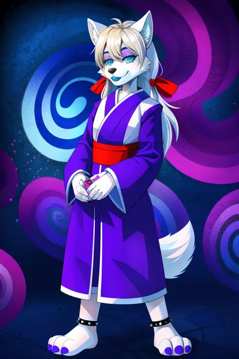 1 girl, solo, animatronic, wolf anthro, Silver hair, blue lipstick, spiral eyes, Japanese dress, fnaf, paws