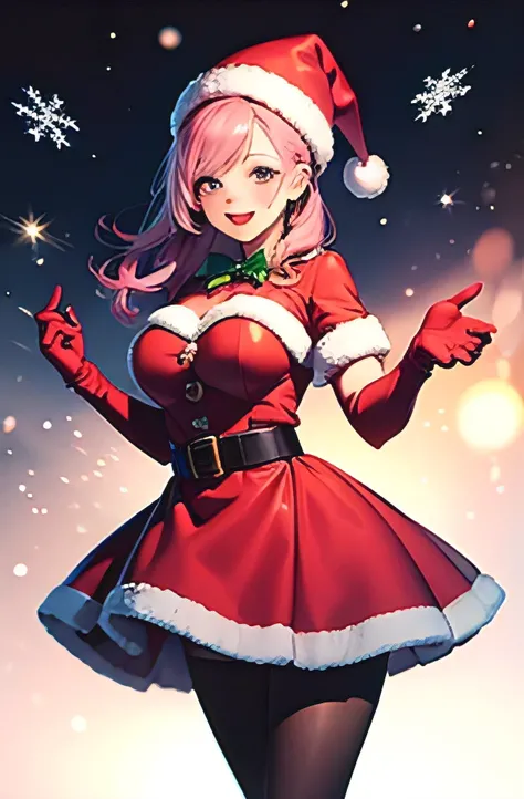 masterpiece,1girl, serina,pink_hair, gloves, black_gloves, fur_trim, hat, santa_costume, christmas, open_mouth, smile, bell, solo, red_headwear, pantyhose, white_background, pink_eyes, santa_hat, 