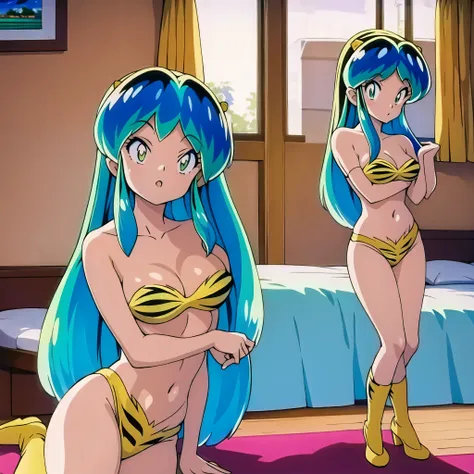 (masterpiece, best quality:1.2), 1girl, solo, urusei yatsura sleeping on a bed. in a motel room of usa. high detailed fornitures...