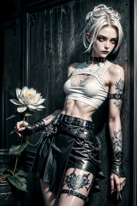 (Detailed illustrations, Very detailed and detailed drawing, Delicate lines with slow and rapid, Realistic texture expression), One woman with very short white hair with black tips, ( emo hairstyle, ), goth, pale white skin, evil smirk, (girls bedroom back...