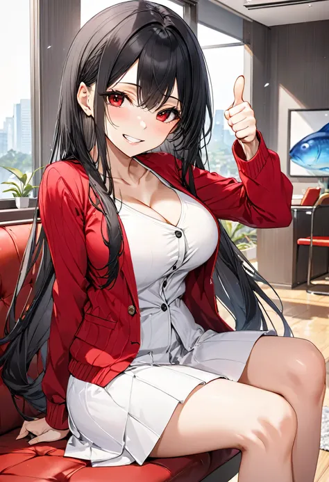 (Calm style) (solo straight black hair long hair dominance girl, detailed serious red eyes, serious face, grin, big tits), (in a summer school white suit, summer red cardigan, skirt), (hand Thumbs up), in the Lounge, BREAK, perfect anatomy, masterpiece, be...