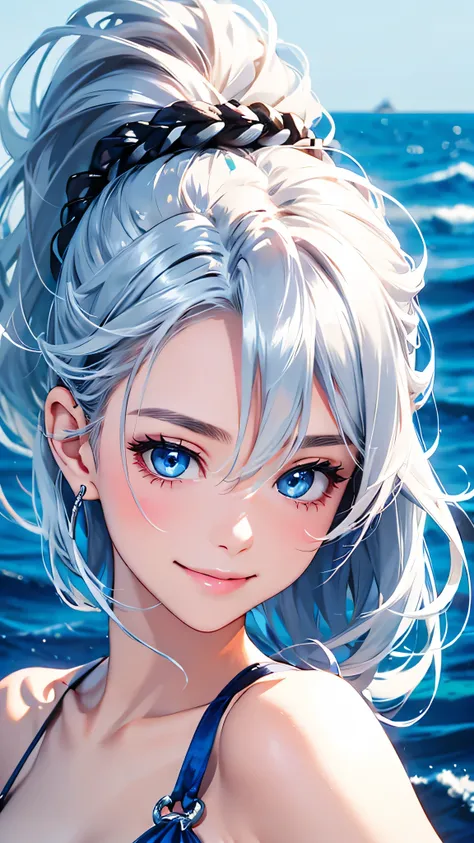 highest quality、Realistic、Women、zoom、summer、Sea of night、cute、Full make-up、Blue Eyes、Silver Hair、ponytail、Silver Bikini、smile、Looking down、smile、Bust Shot、　Small breasts