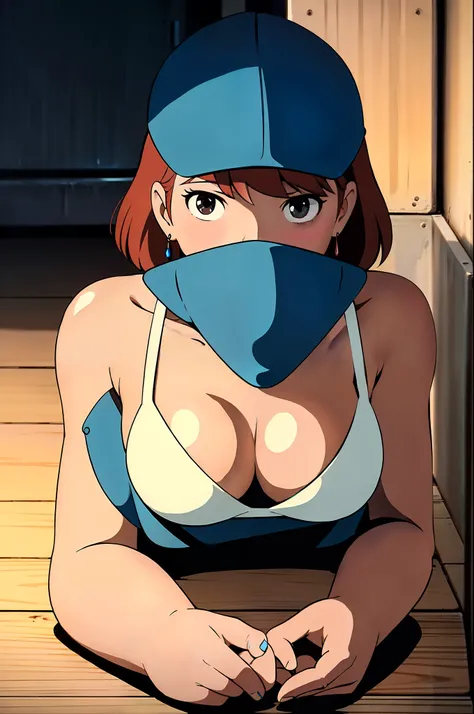 Nausicaa, 1 girl, alone, cute, shy, （カメラeye線）、Red earrings, Brown Hair, (Watching from afar, Cleavage), Upper Body, (White Bikini), sit, On the floor, (Perfectly detailed anatomy, Beautiful Face&eye)