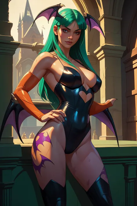 Realistic oil paint of Morrigan Aensland, hot Body, Dynamic sensual pose, soft smile, long green hair, purple legs, ((Bat wings)), detailed skin Textures, intricate, detailed face, hyperrealistic, realistic light and shadows , cinematic lighting. ((Gothic ...