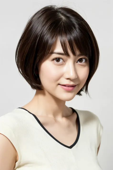(Very detailed), ((Realistic)), (Better Quality), Very beautiful woman, Bob Hair, Stylish short sleeve tops, She has sparkling eyes, 8k wallpaper, Distinct facial features, Realistic, Photorealistic, West Shot, (short hair、Shortcuts、Short Hair、Pixie Cut), ...