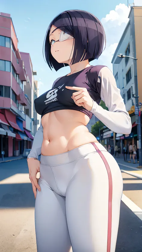 nakanaka_omoharu, (masterpiece, 1girl, solo), (high quality), 8k, perfect eyes, white eye patch, perfect face, long hair, purple hair, long sleeves, light blue shirt, tight white pants, standing, teasing, in the street, front of beach, cat logo in shirt,((...