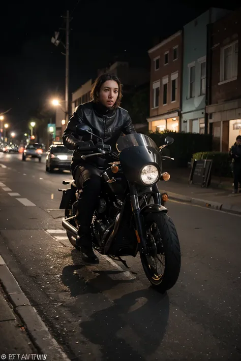 Crear una imagen   de espaldas de repartidor  de comida rapida  en motocicleten calle solitaria  en la noche oscura

