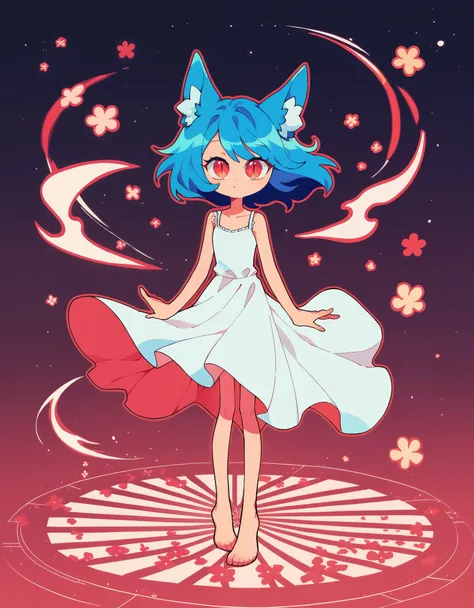 score_9, score_8_up, score_7_up, rating_safe, mwk,,

1girl, fox ears, blue hair, barefoot, white camisole, animal ear fluff, standing, full body, floating clothes, wind, garden, slit pupils, limited palette, vibrant, red outline, portrait, looking at viewe...