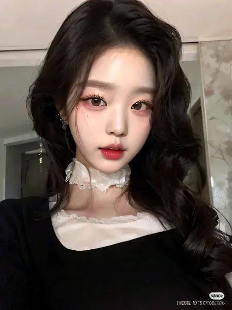un primer plano de una mujer con cabello largo y vistiendo un top negro, ulzzang, maquillaje popular de corea del sur, Maquillaje coreano popular, beautiful south mujer coreana, muchacha coreana, beautiful young mujer coreana, joven y adorable rostro corea...