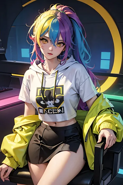 The most beautiful and sexy gamer girl, playing videogame, rainbow colored hair, yellow eyes, wearing hoodie, graphic t-shirt, skirt and highly detailed gamer gear, highly detailed background, perfect masterpiece, high quality, high resolution