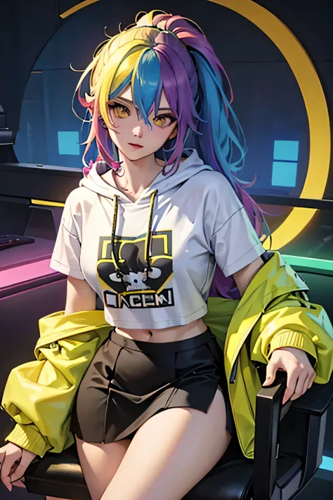 the most beautiful and sexy gamer girl, playing videogame, rainbow colored hair, yellow eyes, wearing hoodie, graphic t-shirt, s...