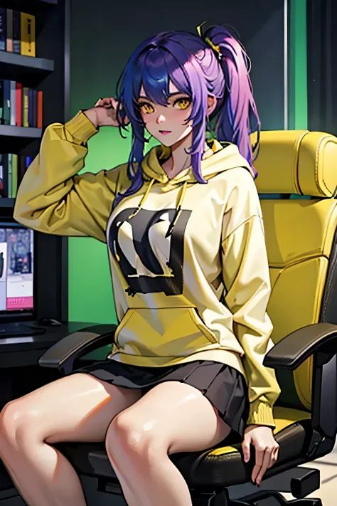 The most beautiful and sexy gamer girl, playing videogame, rainbow colored hair, yellow eyes, wearing hoodie, graphic t-shirt, skirt and highly detailed gamer gear, highly detailed background, perfect masterpiece, high quality, high resolution