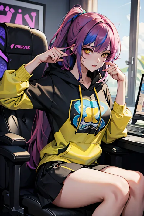 The most beautiful and sexy gamer girl, gamer girl, playing videogame, playing computer, rainbow colored hair, yellow eyes, wearing hoodie, graphic t-shirt, skirt and highly detailed gamer gear, highly detailed background, perfect masterpiece, high quality...