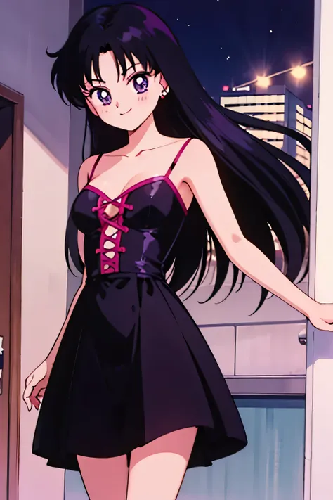 1 girl, solo, Rei Hino, very long hair, black hair, parted bangs, purple eyes, 1990s (style), Best quality, masterpiece, High Definition, a red flamenco dress, collarbone, dancing in the street at night, candle lights on the windowsill, cowboy shot, medium...