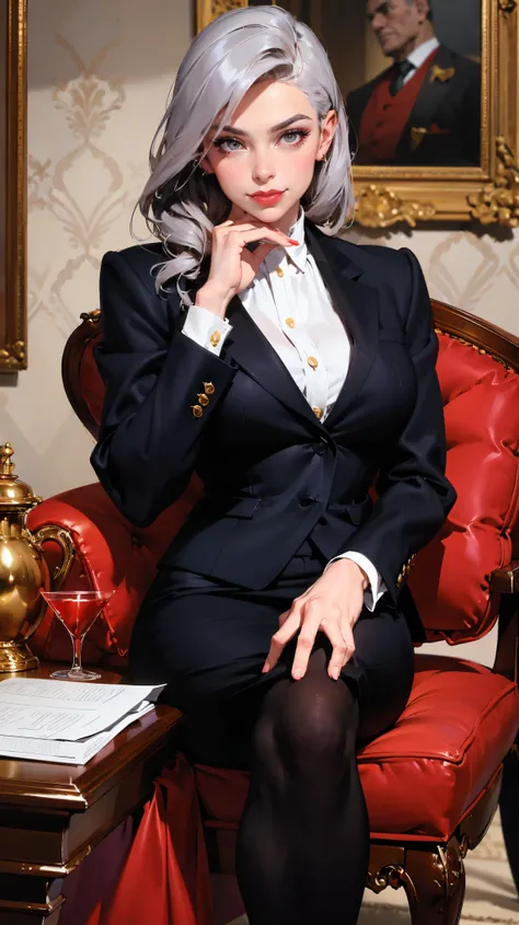 (best quality,4k,8k,highres,masterpiece:1.2),ultra-detailed,(realistic,photorealistic,photo-realistic:1.37),female CEO,red velvet blazer,short fit black pencil skirt,confident gaze,seductive smile,luxurious office,modern interior design,elegant hairstyle,w...