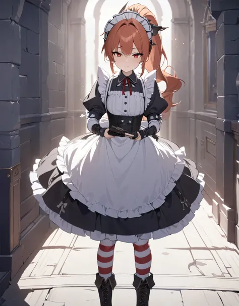 (best quality,4k,8k,highres,masterpiece:1.2),ultra-detailed, (1girl) A cute teenage gunslinger maid with red eyes, drawn in anime style, spiky ginger hair in a long ponytail, protective and caring, victorian fashion, wearing a cute black maid dress with pu...