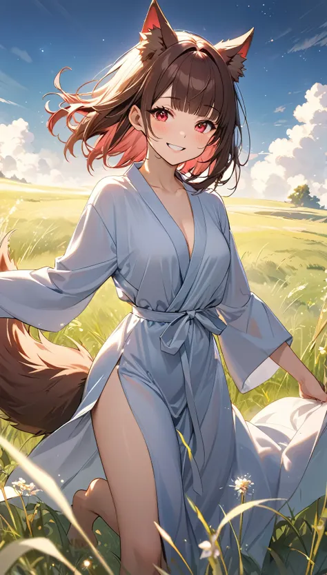 best quality, super fine, 16k, incredibly absurdres, extremely detailed, delicate and dynamic, cute wolf beast woman, ruby-red eyes, brown ears, straight brown medium hair, blunt bangs, big fluffy brown tail, captivating look, aroused expression, slender, ...