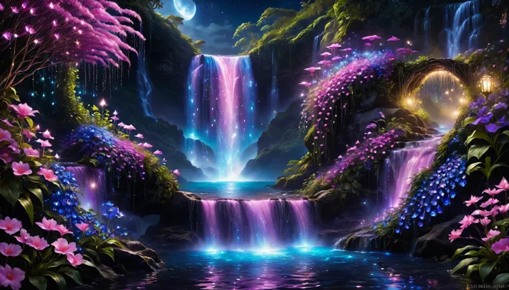 Sparkling Purple|pink|blue waterfall amongst strange Magic flowers, at night, Glowing fairy lights, Magic,  High quality fairyland waterfall, Realistic water, ripple, 8k