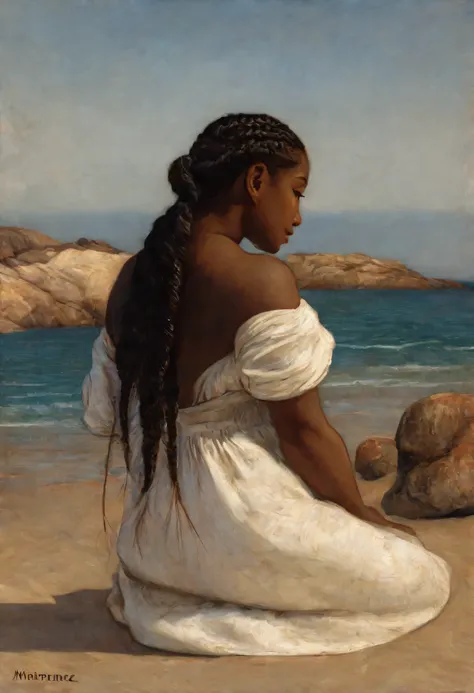 painting of a woman sitting on a beach with her back to the camera,  she has two braids in her hair, estilo alfredo ramos martin...