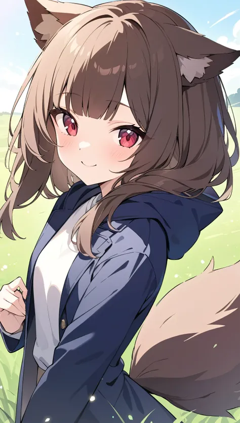 best quality, super fine, 16k, incredibly absurdres, extremely detailed, delicate and dynamic, cute wolf beast woman, ruby-red eyes, brown ears, straight brown hair, blunt bangs, fluffy brown tail, captivating look, aroused expression, slender, wearing nav...