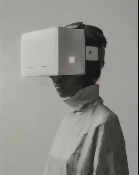 there is a woman with a box on her head, oled visor over eyes, oled visor for eyes, futuristic vr headset, fashion of the future, wearing vr, wearing futuristic, wearing a vr-headset, eyes projected onto visor, wearing a vr headset, vr helmet, glass oled v...