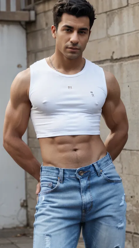 arafed man in a white shirt and jeans posing for a picture, baggy jeans, wearing a muscle tee shirt, croptop, wearing a shirt and a jean, open v chest clothes, casual clothing, clothes in the style of 1 9 9 0, jeans and t shirt, jeans, casual clothes, jean...