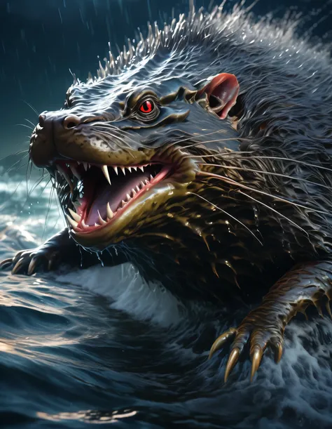 a colossal water rat monster, highly detailed, large glowing eyes, sharp teeth, wet scaly skin, massive claws, amidst the ocean, moody lighting, cinematic composition, (best quality,4k,8k,highres,masterpiece:1.2),ultra-detailed,(realistic,photorealistic,ph...