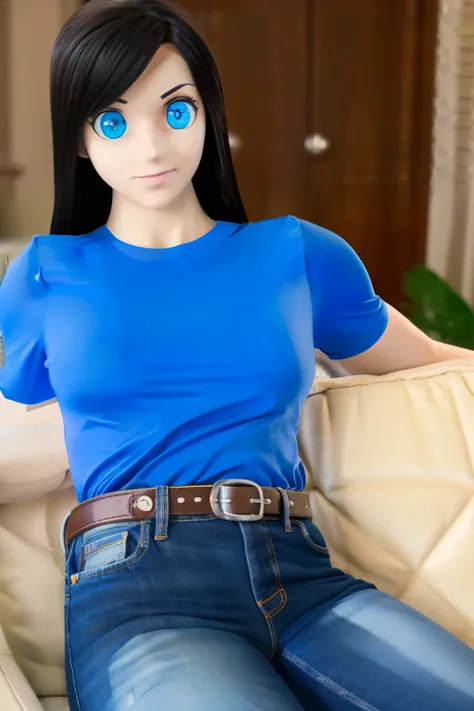 animatronic housewife, black hair, blue eyes, blue shirt, jeans, glowing eyes, on the couch