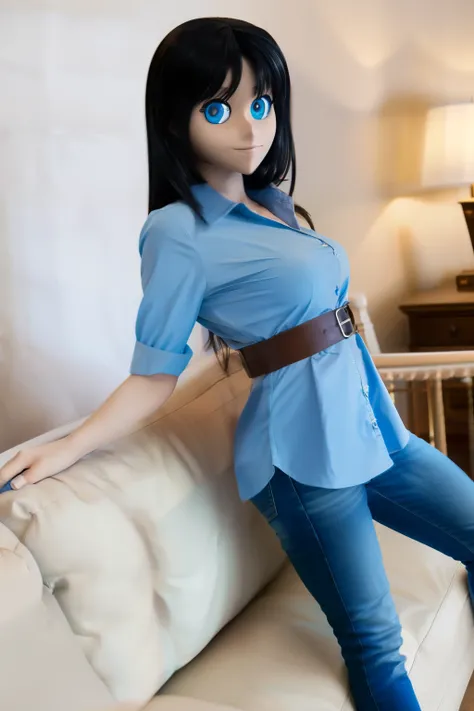 animatronic housewife, black hair, blue eyes, blue shirt, jeans, glowing eyes, on the couch