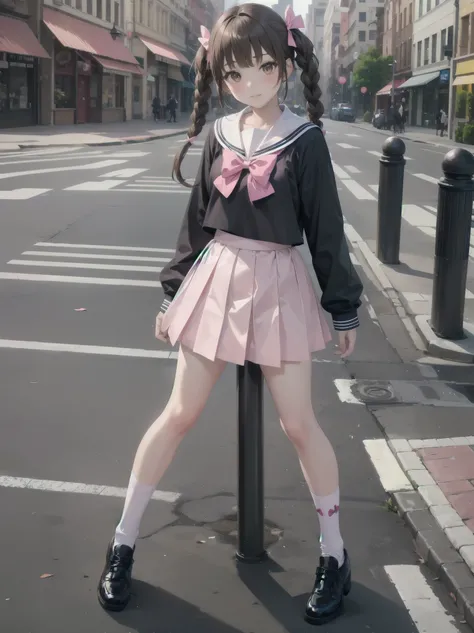 1girl, solo, looking at viewer, skirt, brown hair, shirt, long sleeves, bow, twintails, brown eyes, , full body, shoes, socks, sailor collar, black footwear, twin braids, cosplay, blue bow, white socks, pink skirt, photo background, pink sailor collar