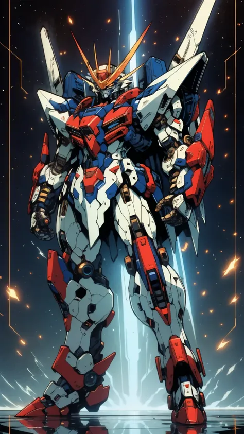 Humanoid Mecha, fully enclosed shoulder guards, matching arm and leg guards, full body, full armor, super robot, the design balances heavy with agility, (the color scheme is primarily white with red and blue accents, the concept Inspired by super robot, co...