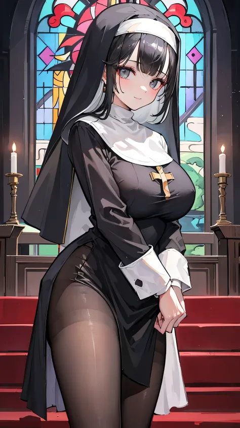 (8k、Best image quality、highest quality、masterpiece)、Detailed face、 One girl、Black Hair、Long Hair、blunt bangs、Grey Eyes、Earrings、smile、Large Breasts、((nun))、((side slit))、((black pantyhose))、Cowboy Shot、pray、altar、Stained glass、Church Background