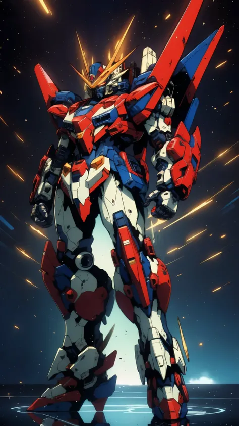Humanoid Mecha, fully enclosed shoulder guards, matching arm and leg guards, full body, full armor, super robot, the design balances heavy with agility, (the color scheme is primarily white with red and blue accents, the concept Inspired by super robot, co...