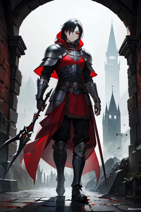 a medieval warrior, man with black hair, medieval armor, gothic, gothic architecture in the background, gloomy fog covering the place, a cape and red hood over the armor, iron boots, full body, best quality, artwork cousin, red hood on the head like little...